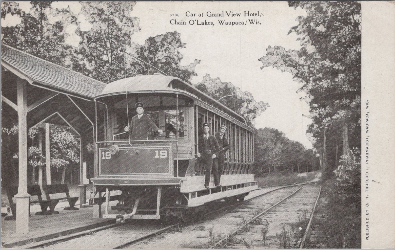 Trolley Grand View Hotel Chain O Lakes Waupaca Wisconsin WI Depot 1908 Postcard