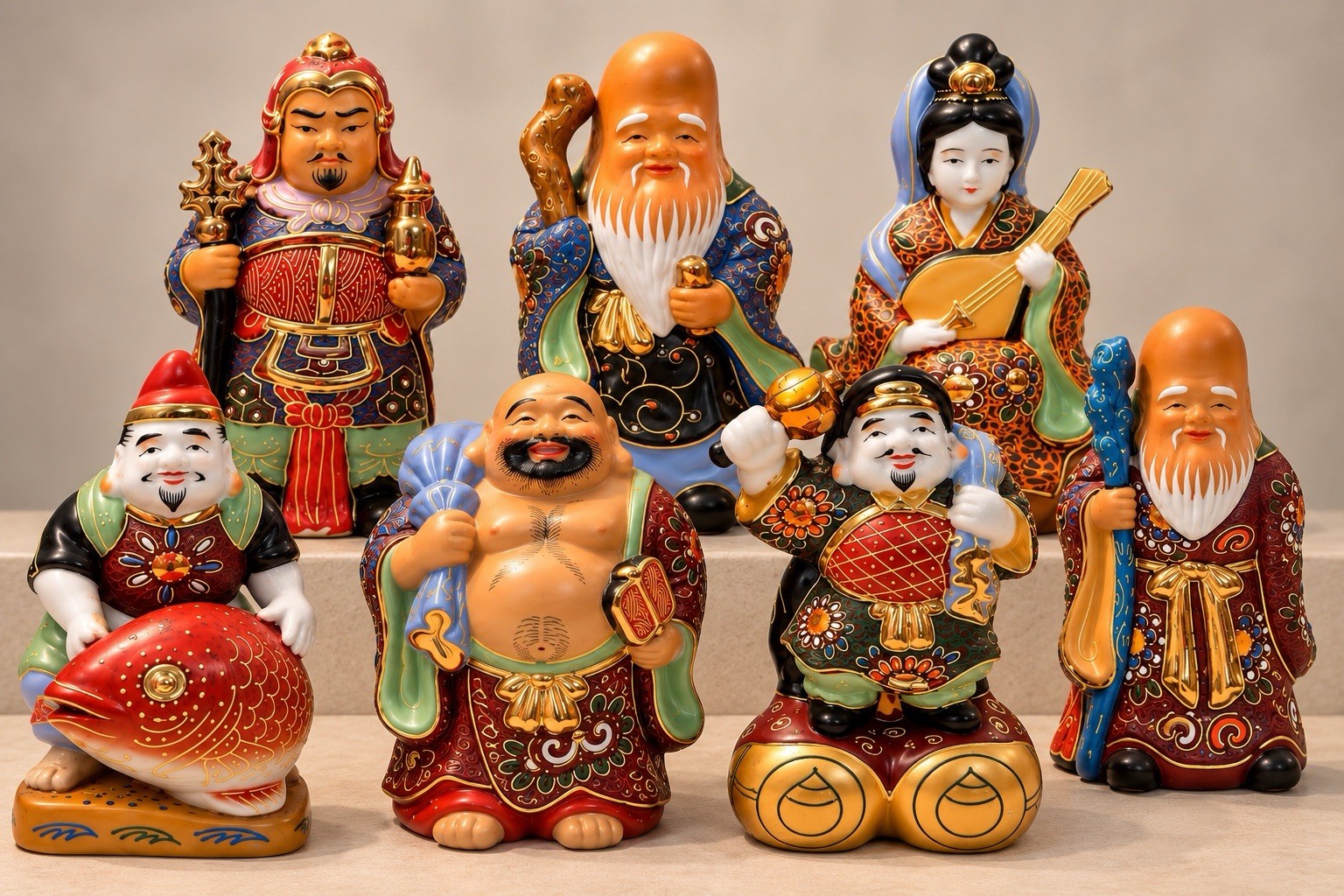 Vintage Kutani Seven Lucky Gods Shichifukujin Complete Set 7pc Moriage Japan Vintage Kutani Seven Lucky Gods Shichifukujin Complete Set 7pc Moriage Japan
