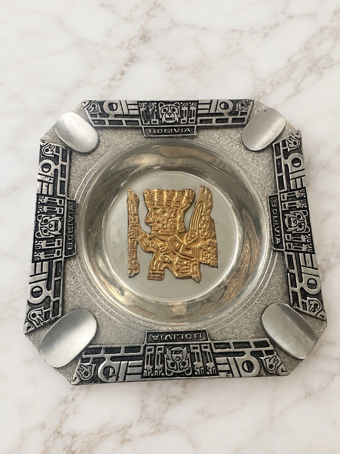 Vintage Bolivia Silver Tone Ashtray with Gold Inca Figure – Andean Tribal Design