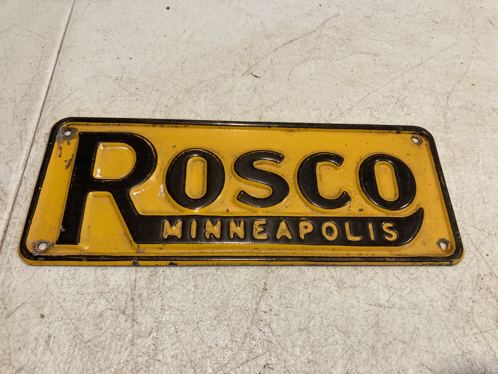 Vintage ROSCO Minneapolis Embossed Metal Equipment Sign Nameplate Road Machinery Vintage ROSCO Minneapolis Embossed Metal Equipment Sign Nameplate Road Machinery