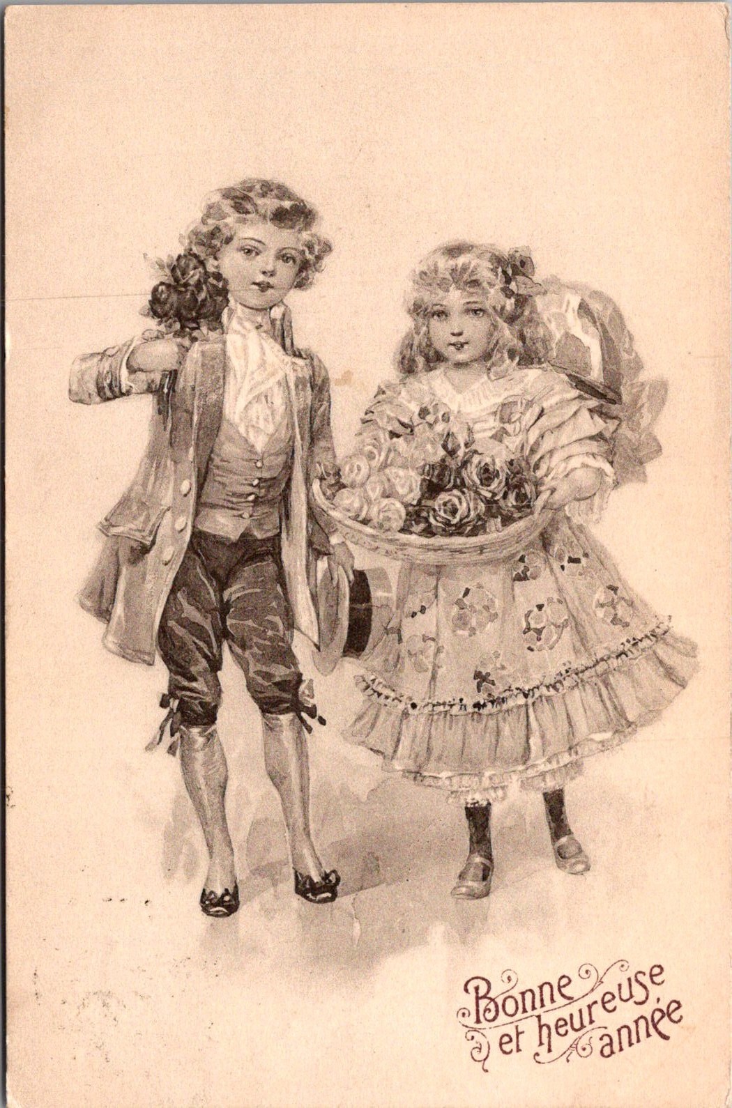 French New Year Children with Roses Vintage Postcard 4P26-16