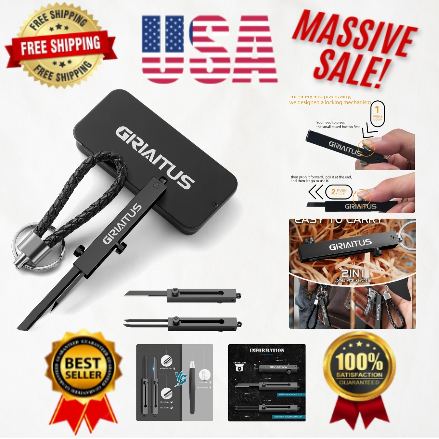 Versatile 2-in-1 EDC Pocket Knife & Tweezers Keychain - Black Stainless Steel Versatile 2-in-1 EDC Pocket Knife & Tweezers Keychain - Black Stainless Steel