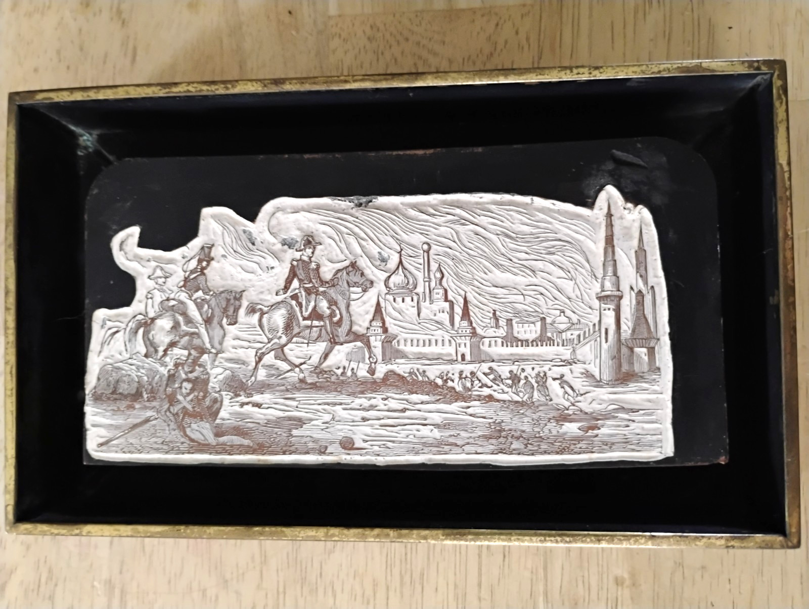RARE NAPOLEONIC FRENCH PRINTING BLOCK DEPICTING BATTLE OF MOSCOW, IN FRAME RARE NAPOLEONIC FRENCH PRINTING BLOCK DEPICTING BATTLE OF MOSCOW, IN FRAME