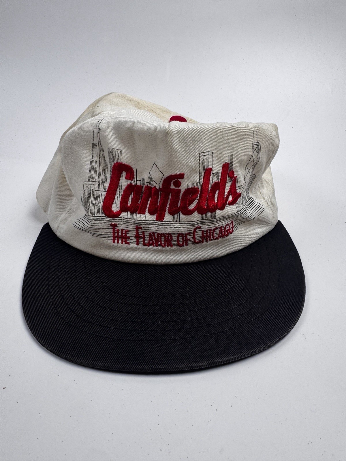 Vintage Canfield’s The Flavor of Chicago Snapback Hat Cap Made USA White Black