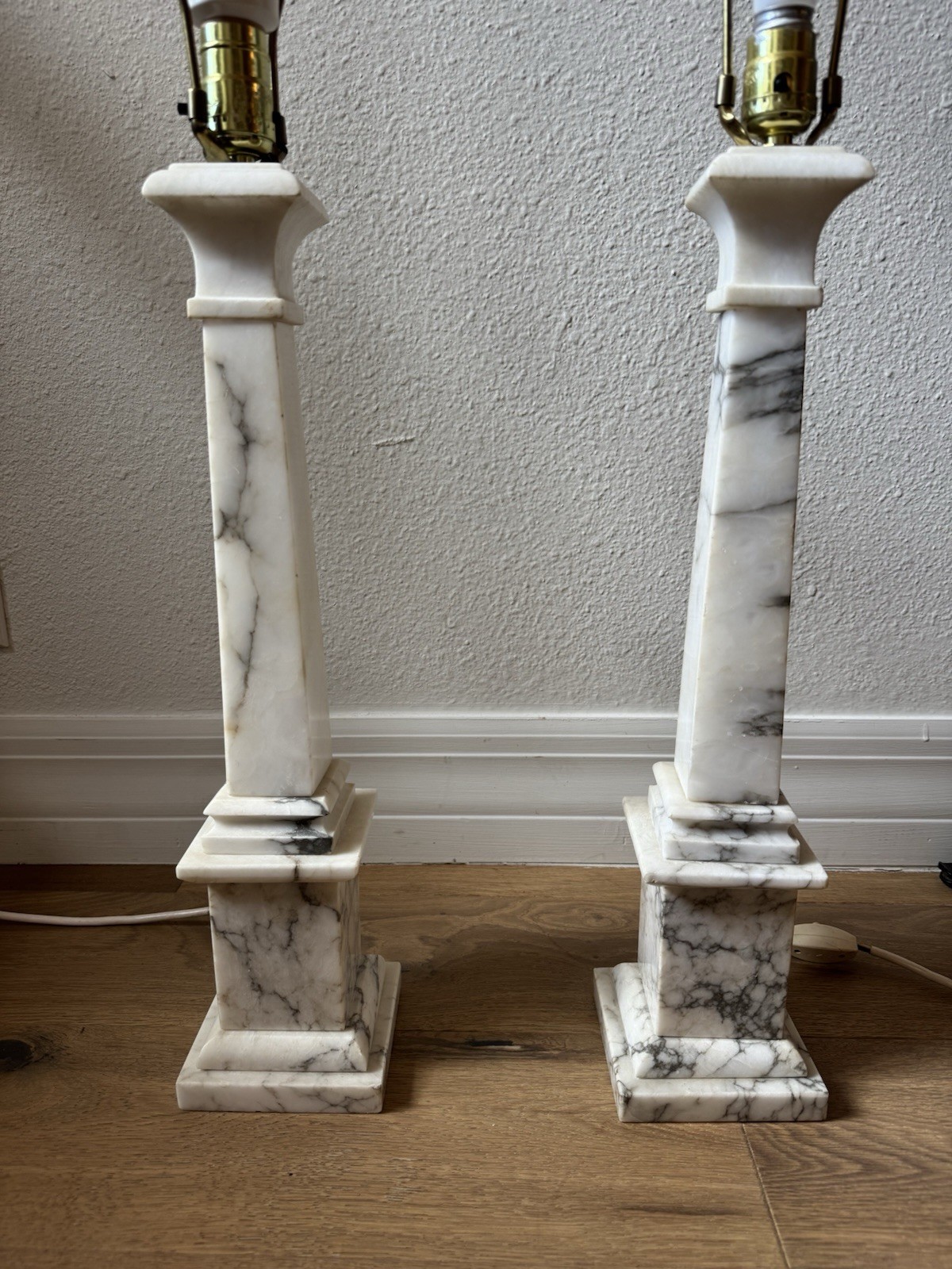 Pair Vintage Alabaster Marble Obelisk Table Lamps Column Set of 2 Stone