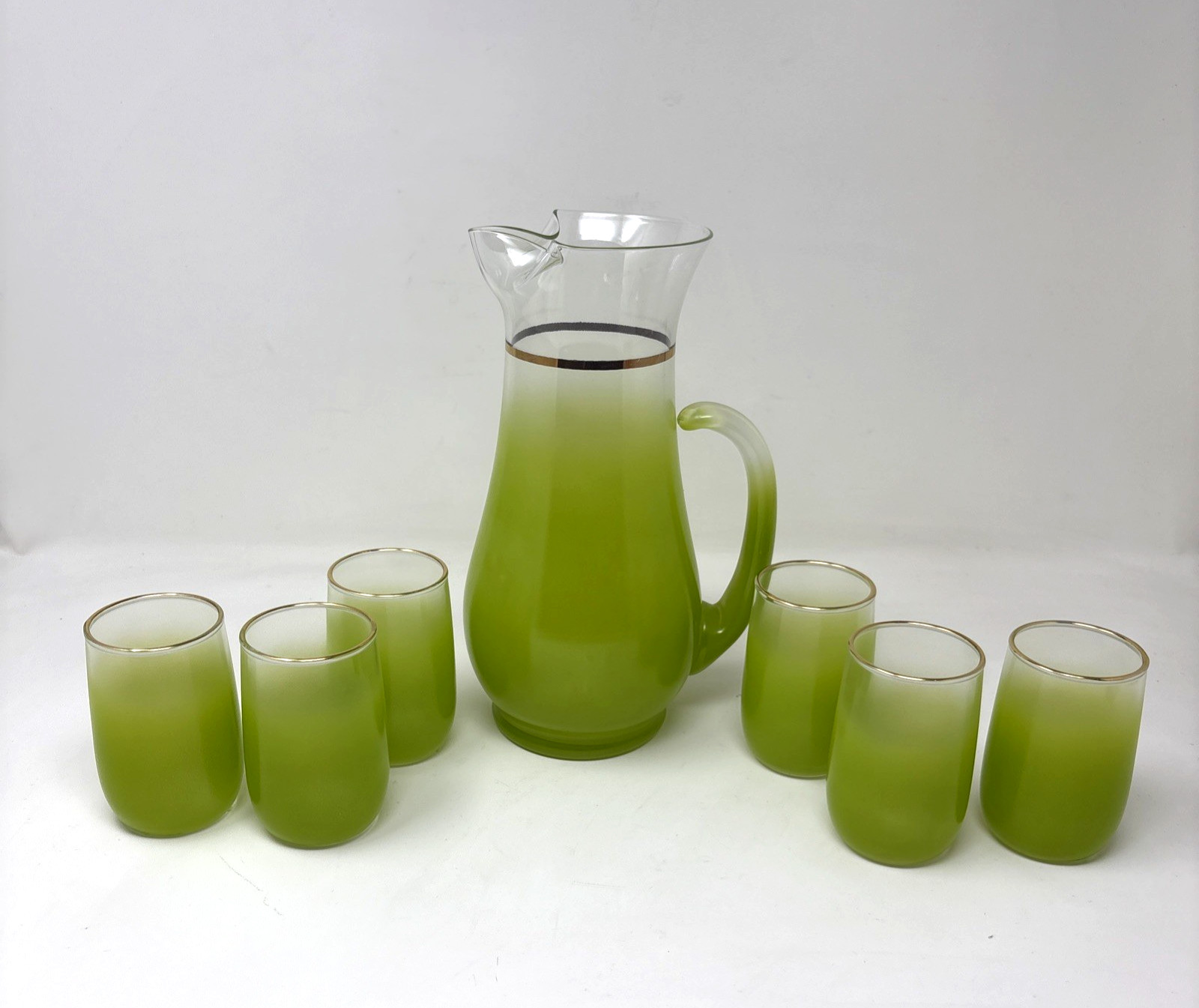 Vintage MCM Blendo Pitcher & 6 Glass Juice Set Frosted West Virginia Glass FLAWS