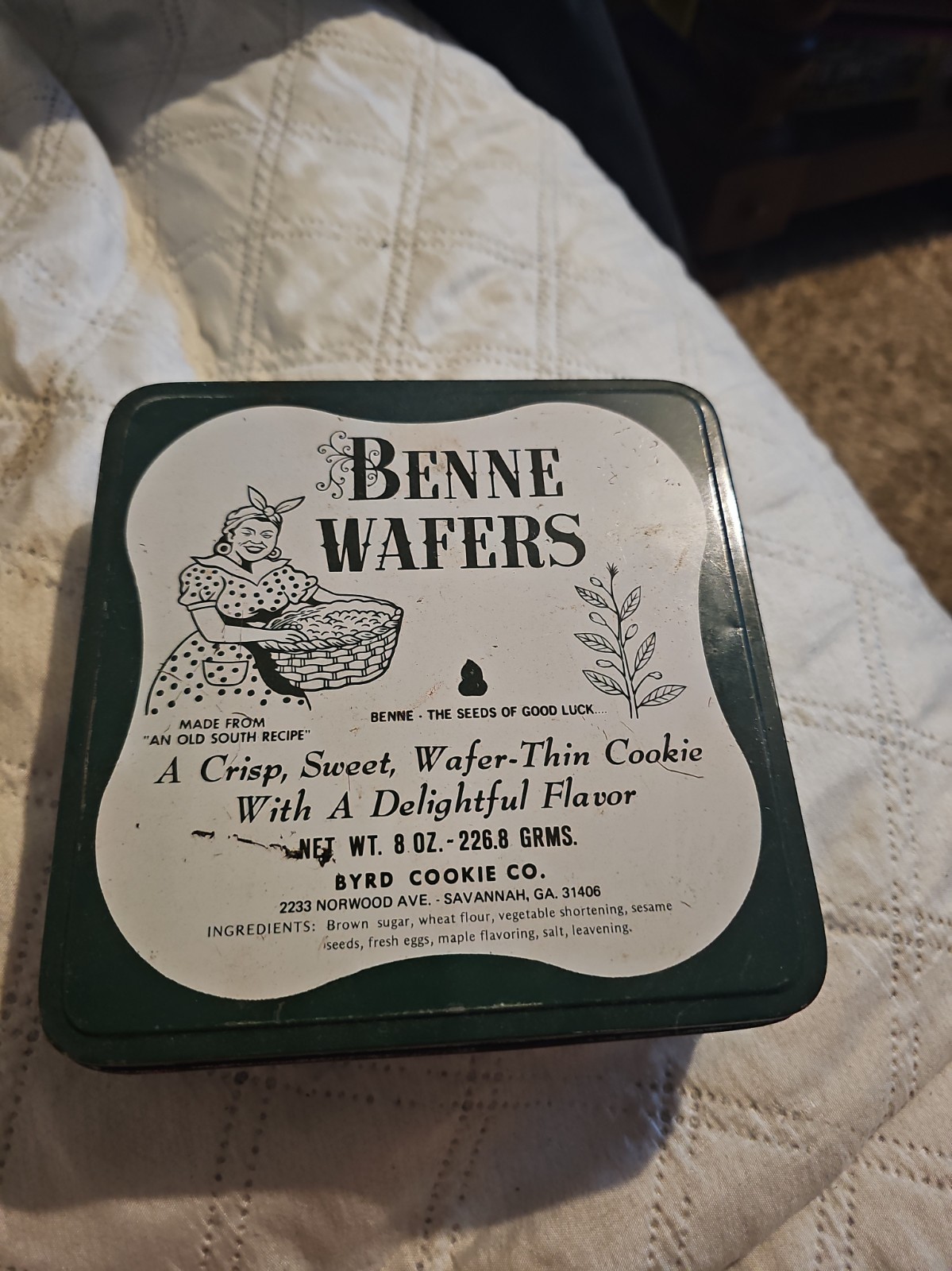 Benne Wafers Vintage Metal Tin Byrd Cookie Co. Savannah GA 
