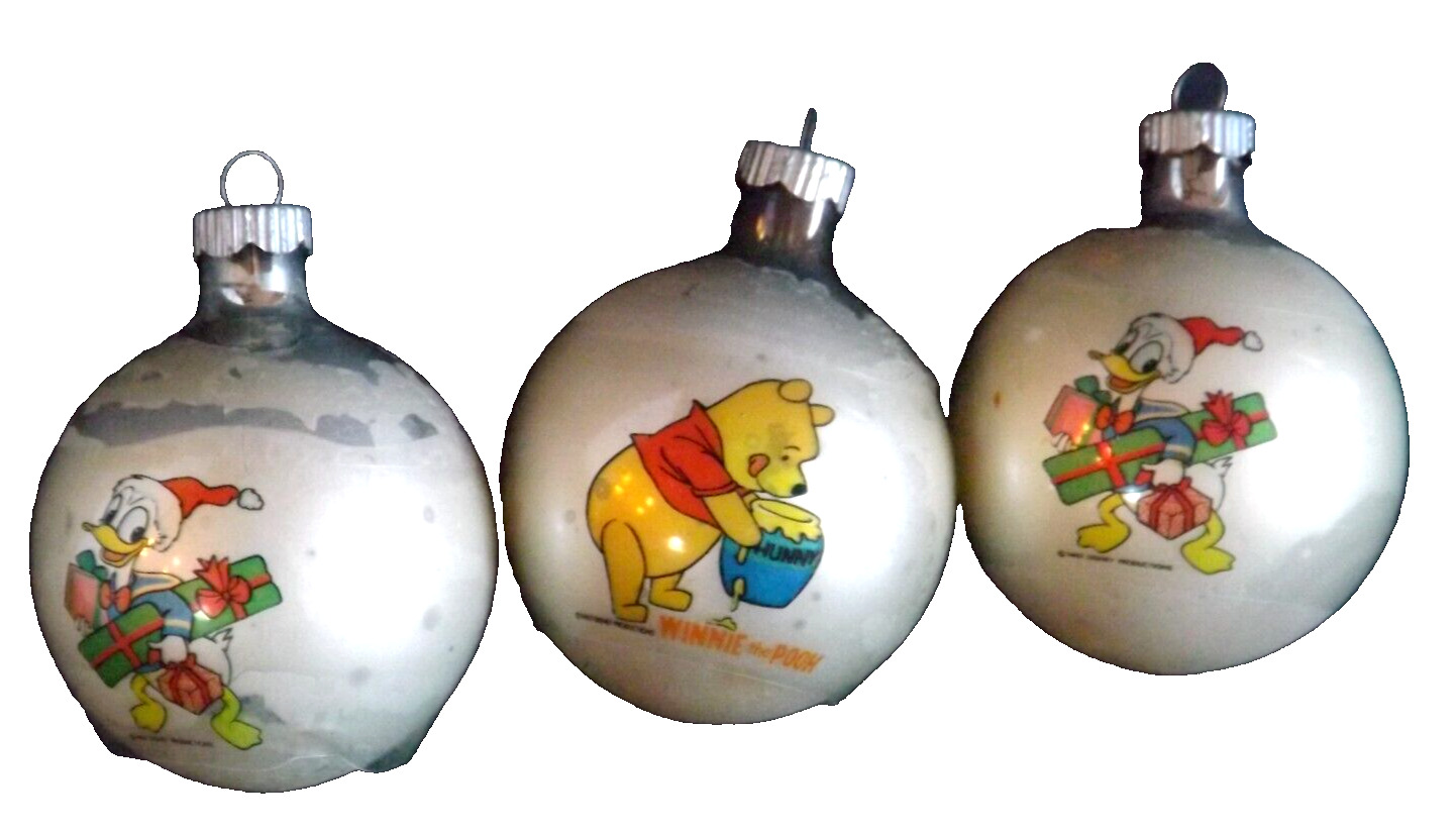 3 Vtg Shiny Brite Glass Christmas Tree Ornaments Disney Donald Duck Winnie Pooh