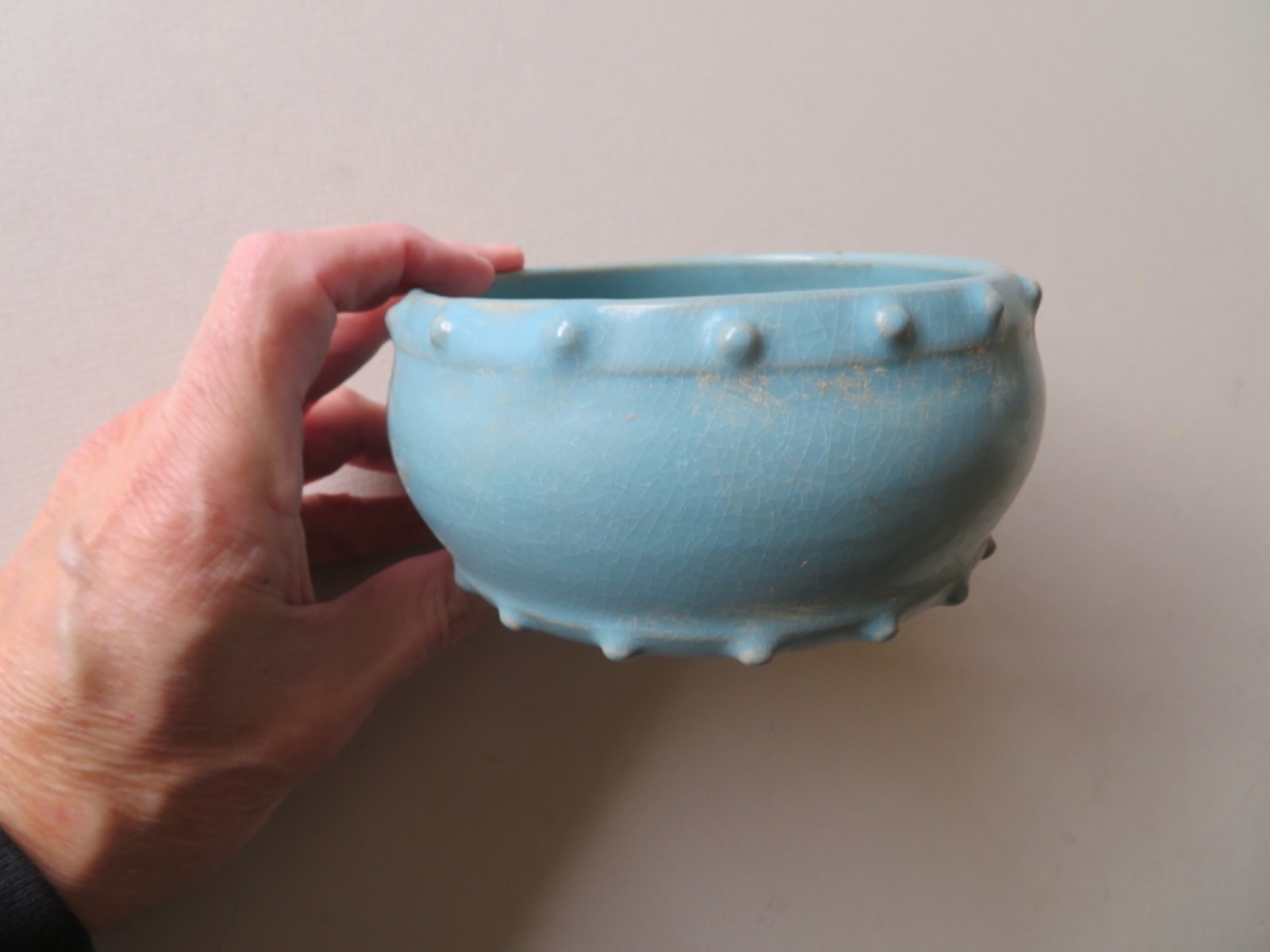 OLD CHINESE DRUM SHAPED BOWL OR BRUSH WASHER WITH A BLUE GLAZE OLD CHINESE DRUM SHAPED BOWL OR BRUSH WASHER WITH A BLUE GLAZE