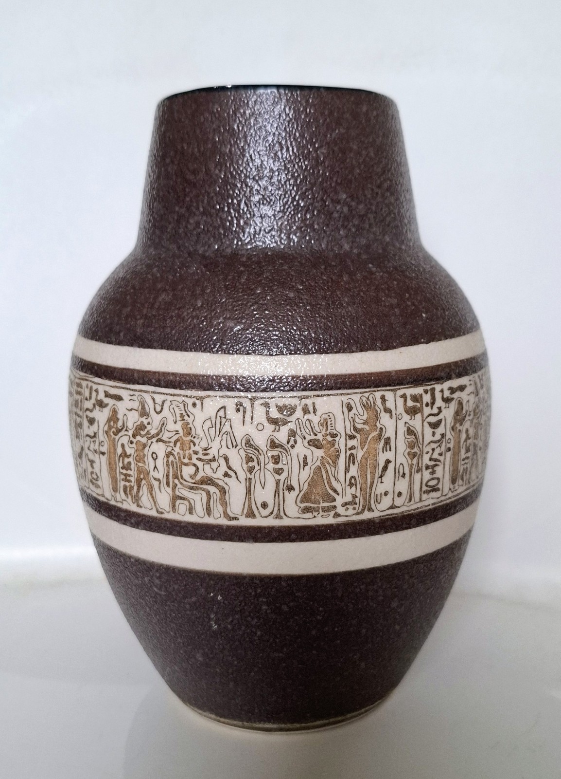 Vintage Brown Ceramic Vase Engraved Frieze of Egyptian Figures & Hieroglyphs. 7