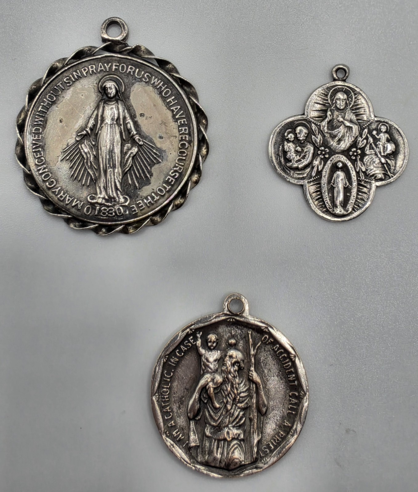 Vtg Sterling Silver Catholic Pendant Lot: 4-Way Cross & Large Miraculous Pendant