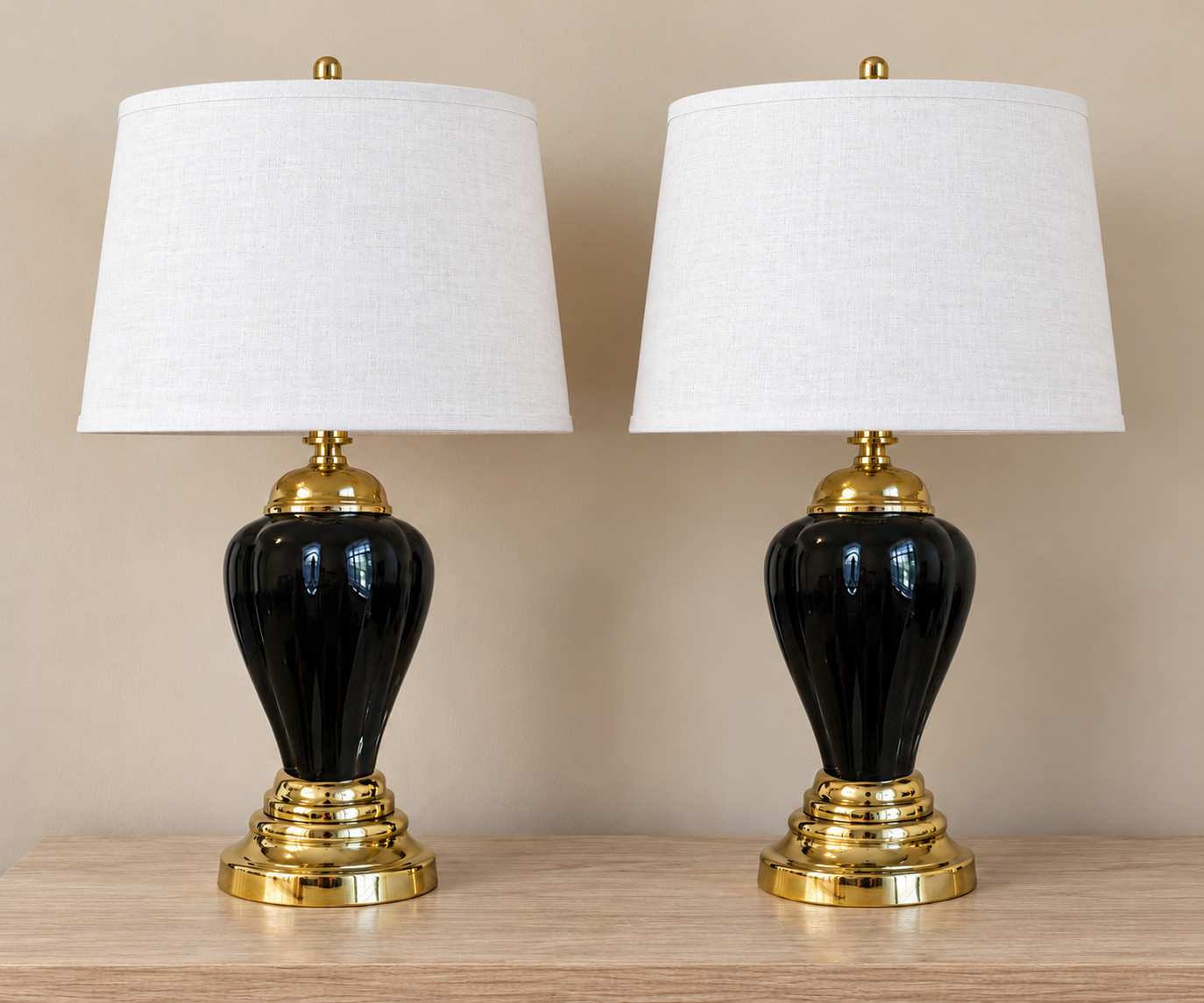 Pair Vintage Black Ceramic Ginger Jar Lamps Fluted Brass 27