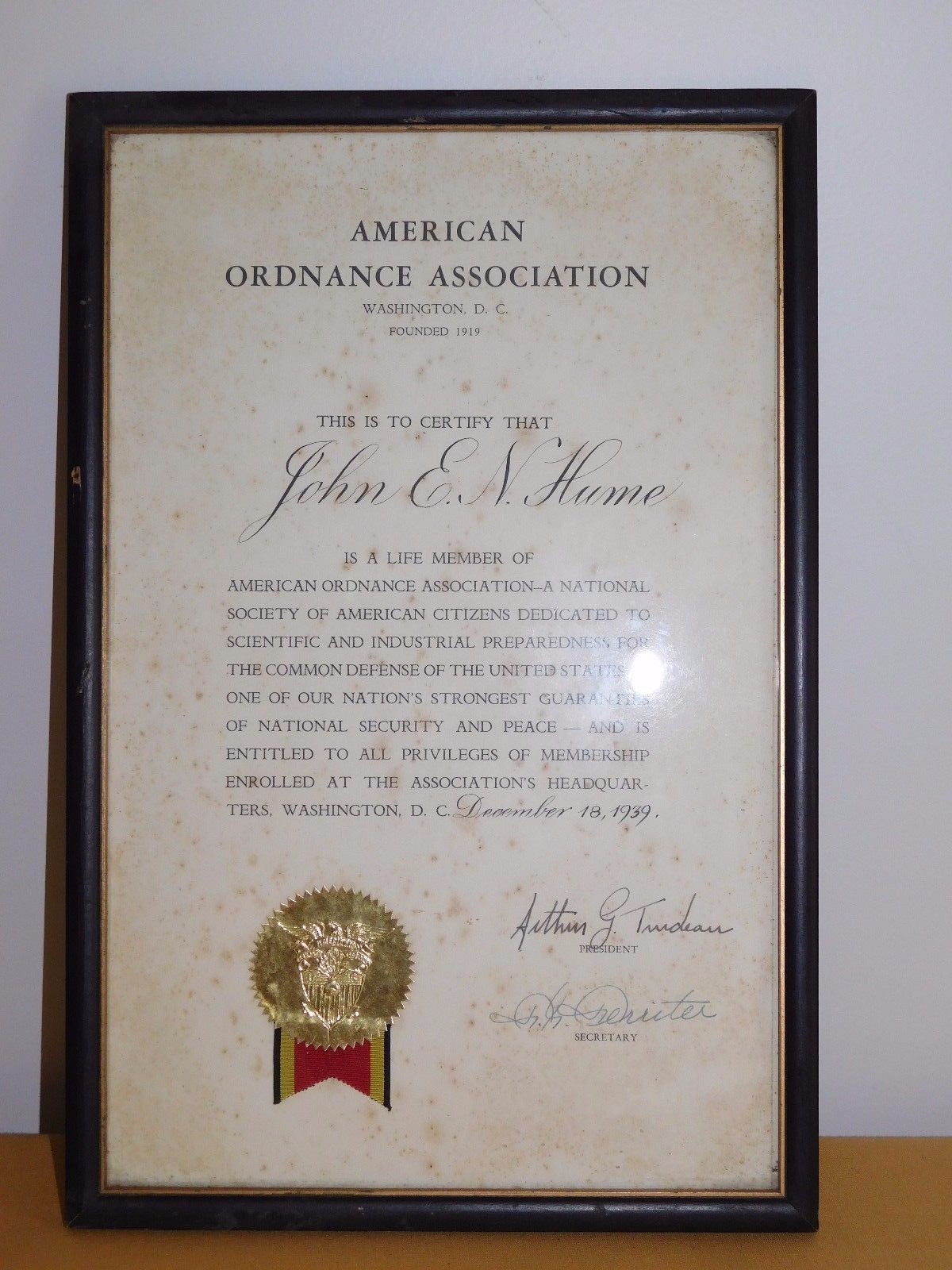 VINTAGE 1939 AMERICAN ORDNANCE ASSOCIATION MEMBERSHIP CERTIFICATE VINTAGE 1939 AMERICAN ORDNANCE ASSOCIATION MEMBERSHIP CERTIFICATE