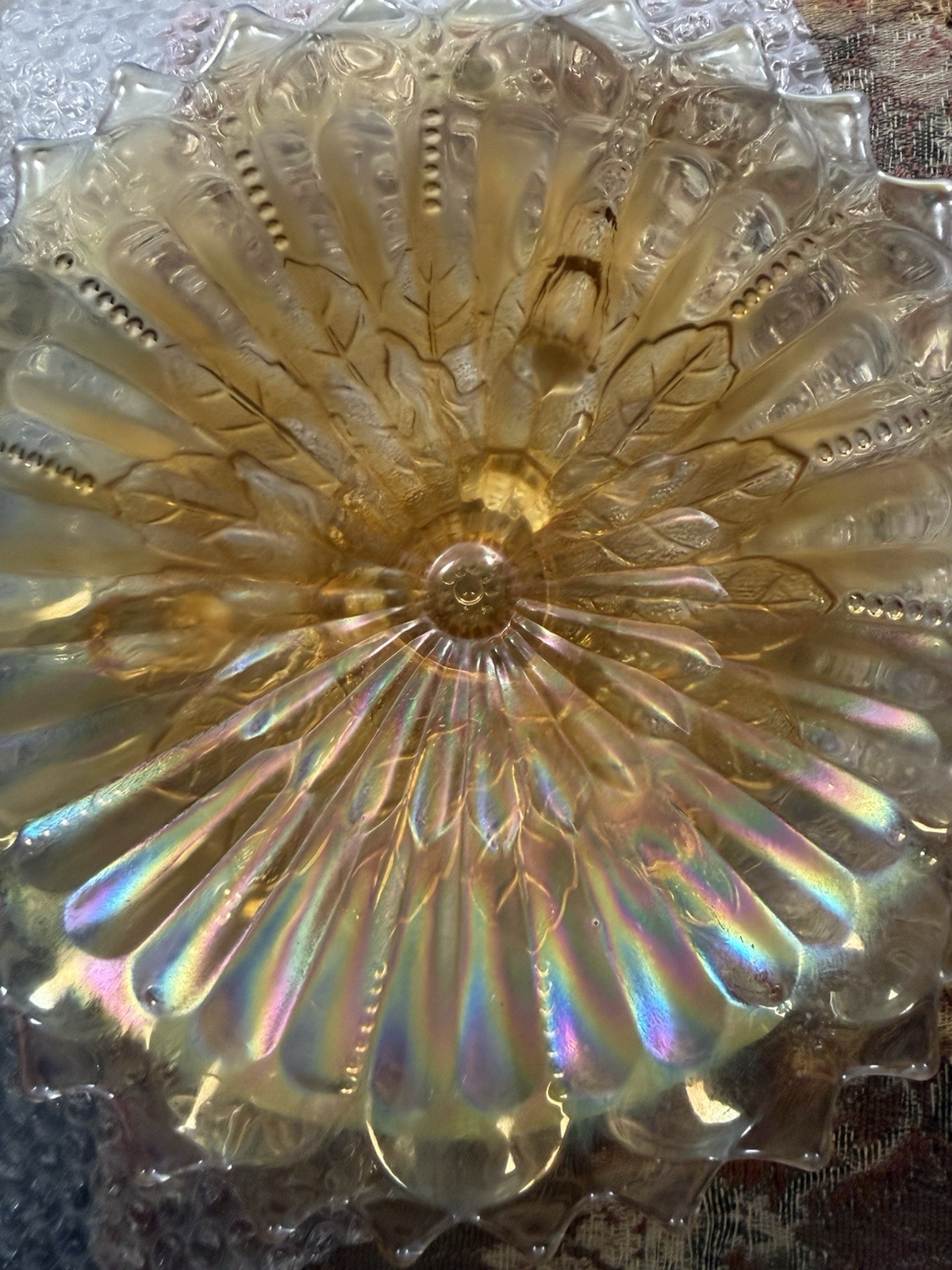 Carnival Glass Footed Bowl Dish Antique Northwood Leaf Beads Pastel Marigold Vtg