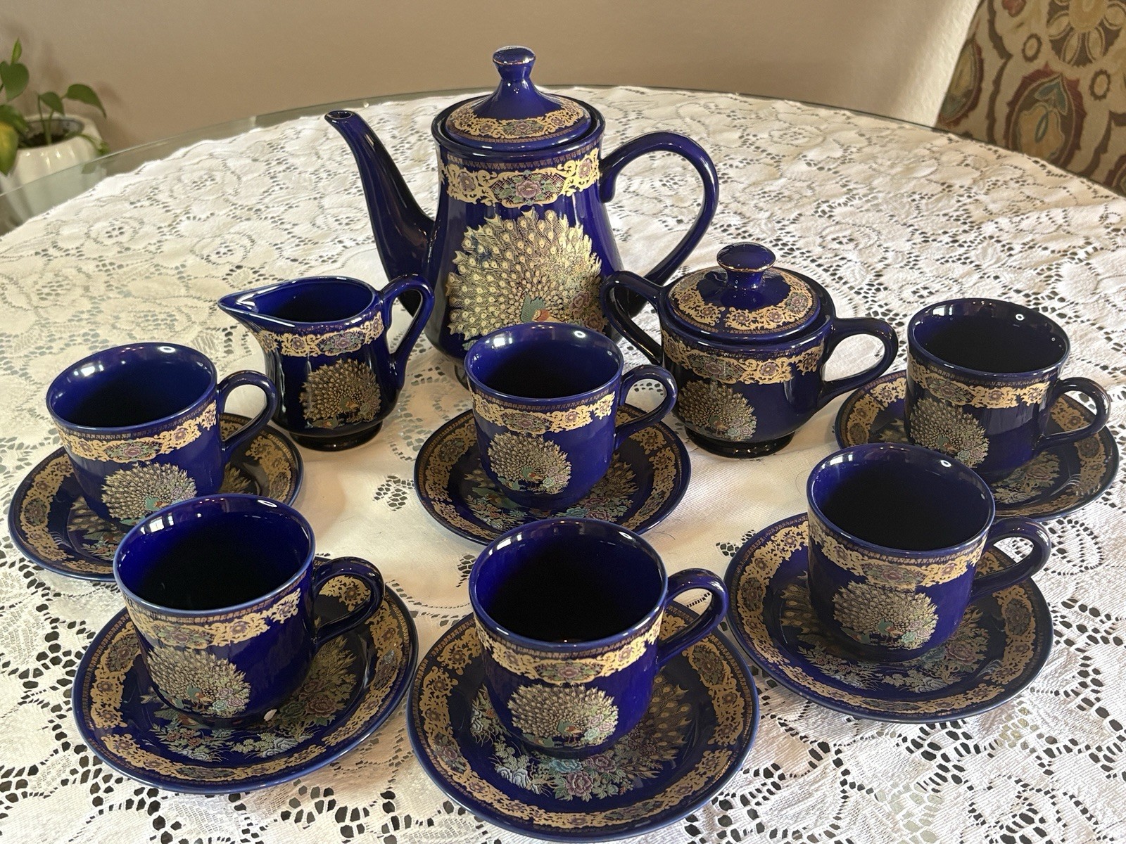 Vintage Cobalt Blue Peacock Tea Coffee Set Gold Gilt 17 Pc Pristine RARE FIND