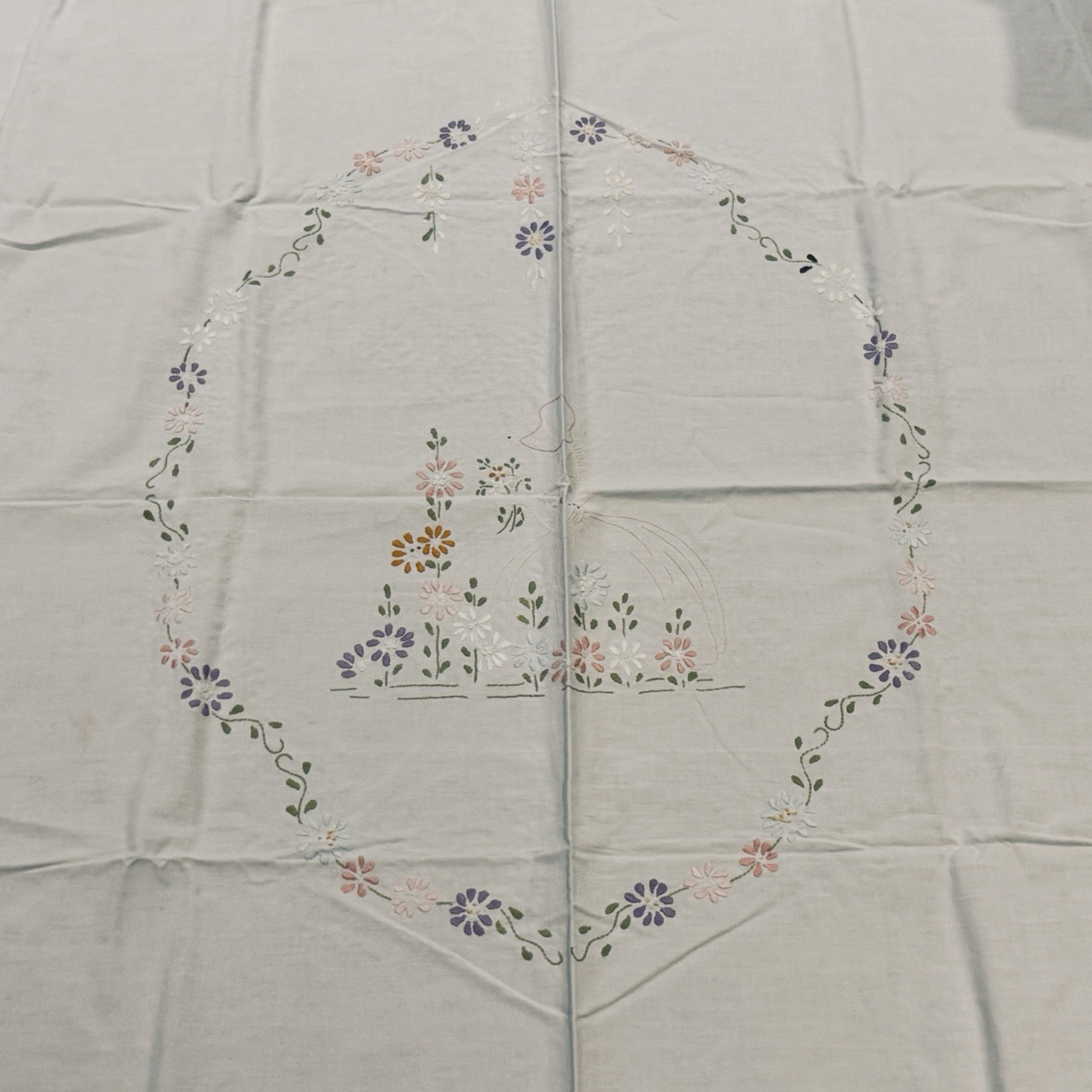 Vintage Embroidered Crinoline Lady Tablecloth Large Linen 82