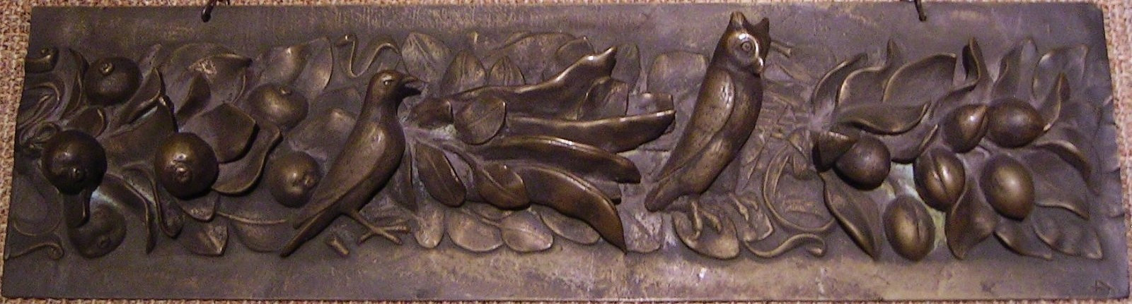 19th c Bronze Relief Plaque Floral Fruit Owl Bird