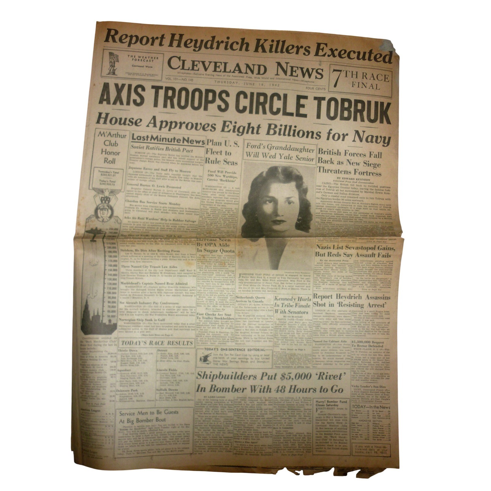 Vintage June 18 1942 Cleveland News Newspaper WWII Tobruk Heydrich Killers Vintage June 18 1942 Cleveland News Newspaper WWII Tobruk Heydrich Killers