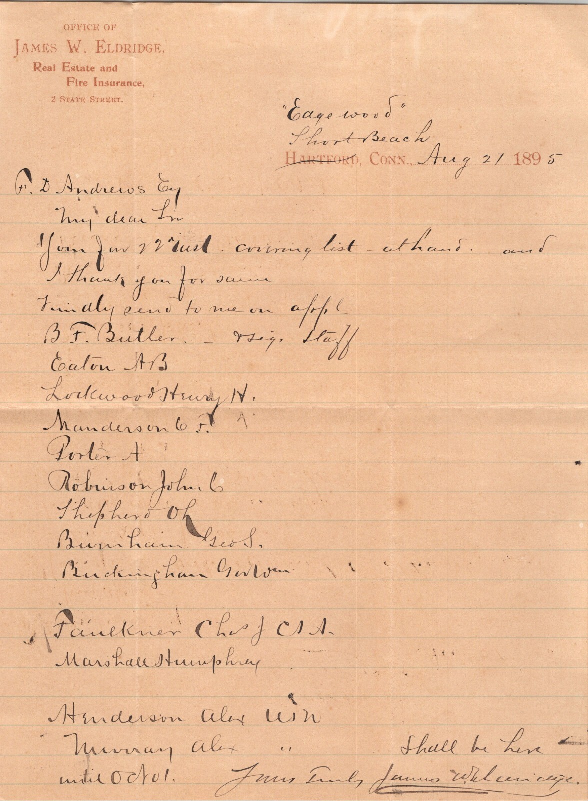 1895 James W. Eldridge Hartford CT Real Estate Agent Letter – Political Contact