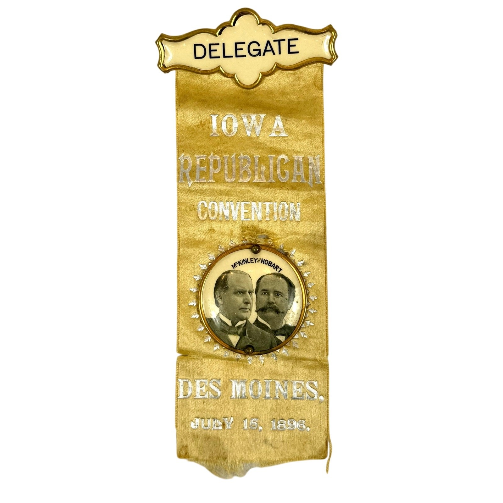 Original 1896 Iowa Republican Convention Delegate Ribbon Badge Mckinley Hobart