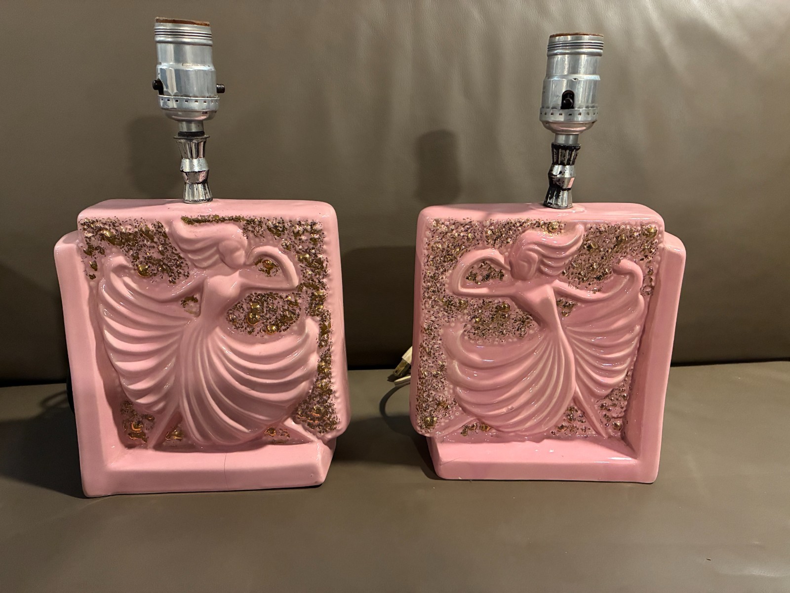 Pair Vintage Ceramic Pink/Gold Lady Dancing Lamps Boudoir C. Mid 1930s - Working Pair Vintage Ceramic Pink/Gold Lady Dancing Lamps Boudoir C. Mid 1930s - Working