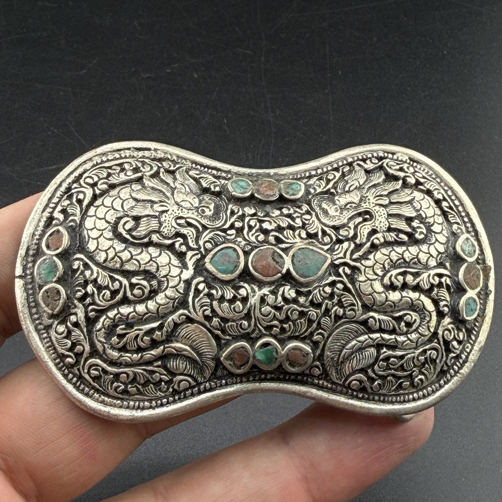 Vintage Double Dragon Carved Beautiful Authentic Buckle belt Tibeten Silver Vintage Double Dragon Carved Beautiful Authentic Buckle belt Tibeten Silver