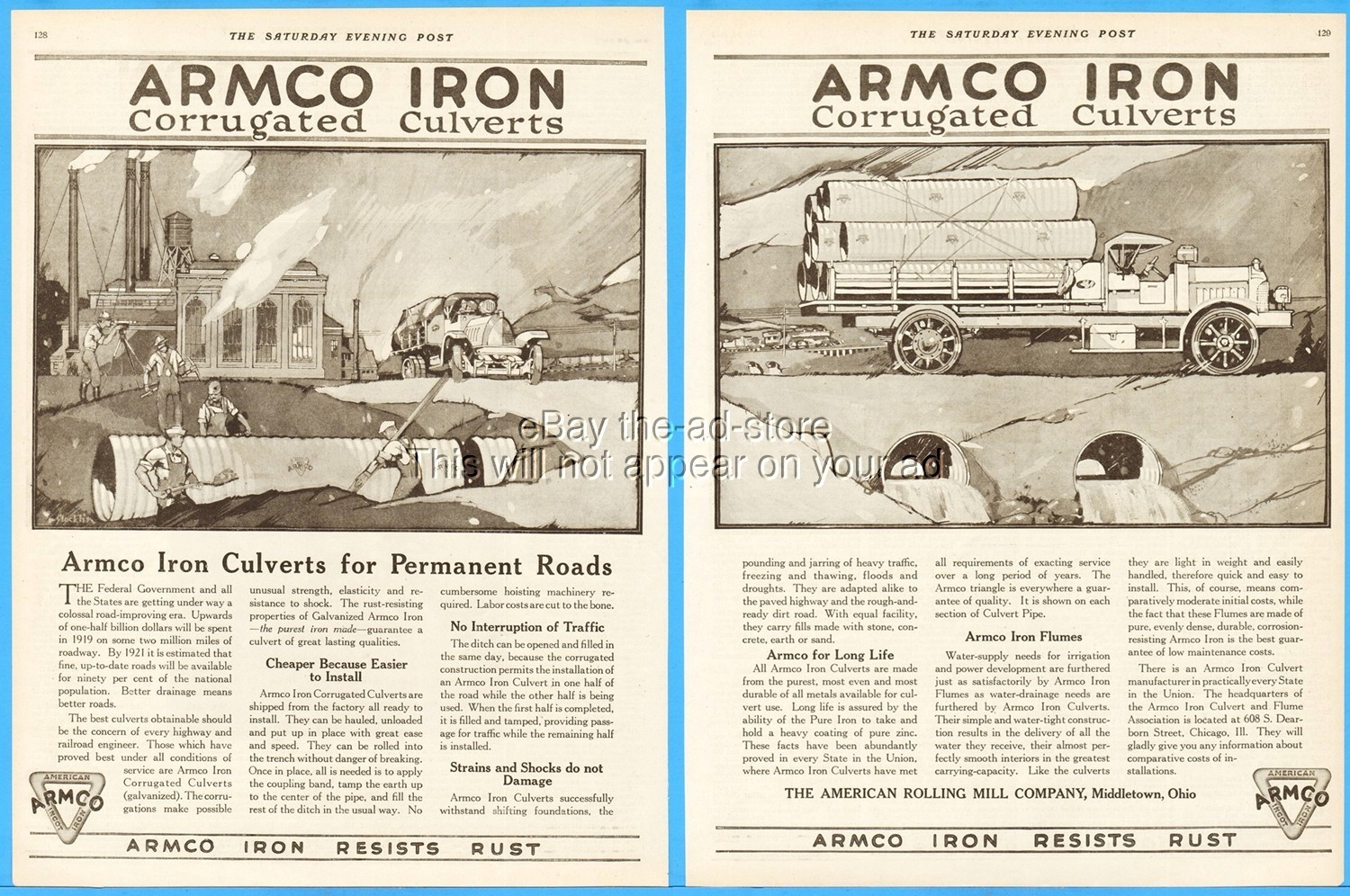 1919 Armco American Rolling Mill Co Ad Middleton OH Iron Culverts for Roads