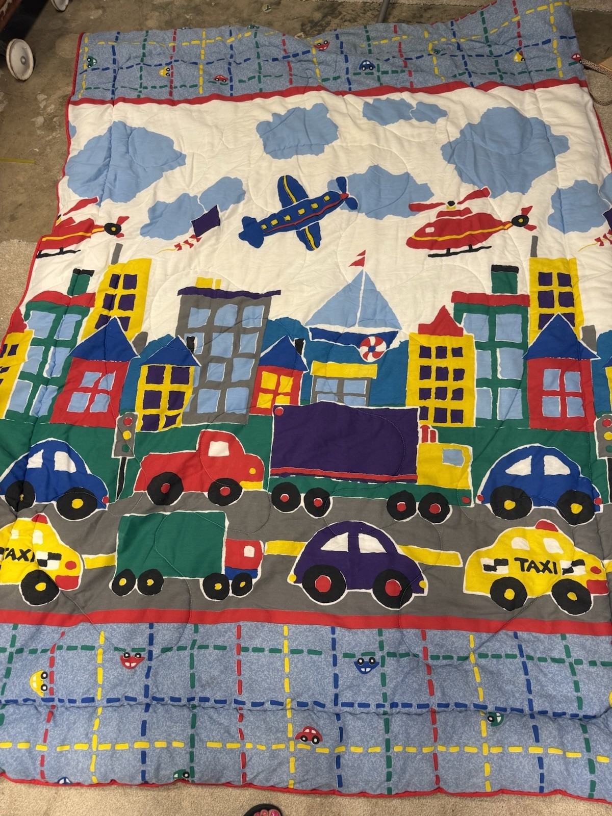 Vintage 90s Cannon Bedspread Twin & sheets  City Shapes Cars Planes Buildings