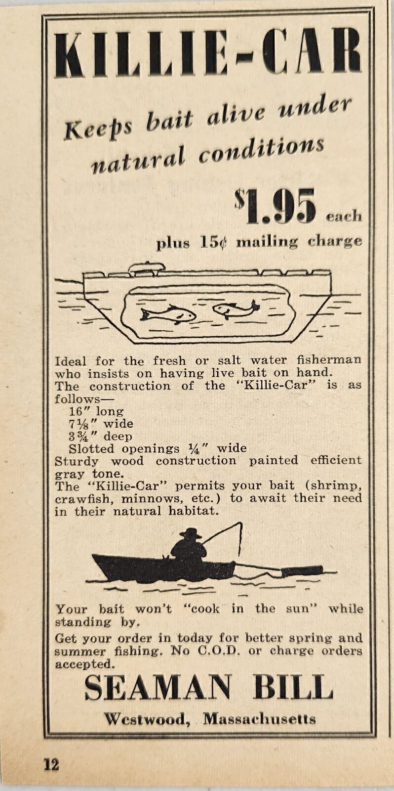1949 Print Ad Killie-Car Keeps Fishing Bait Alive Seaman Bill Westwood,MA