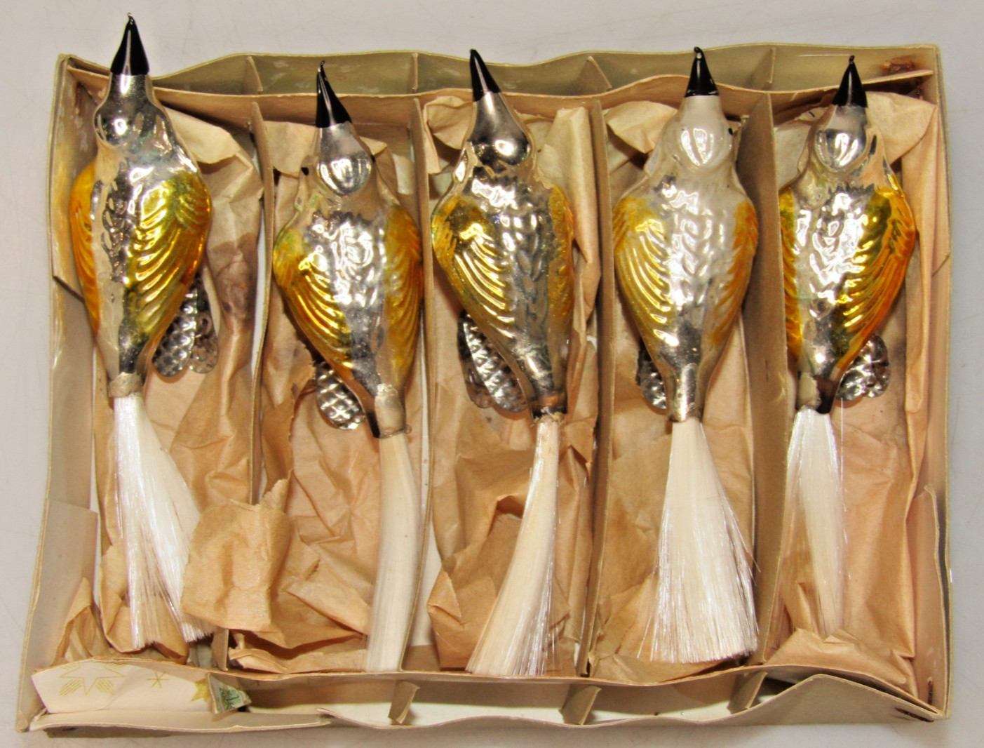 Lot 5 Vintage Glass Clip On SONG Gold BIRD Spun Tail Christmas Ornament Germany