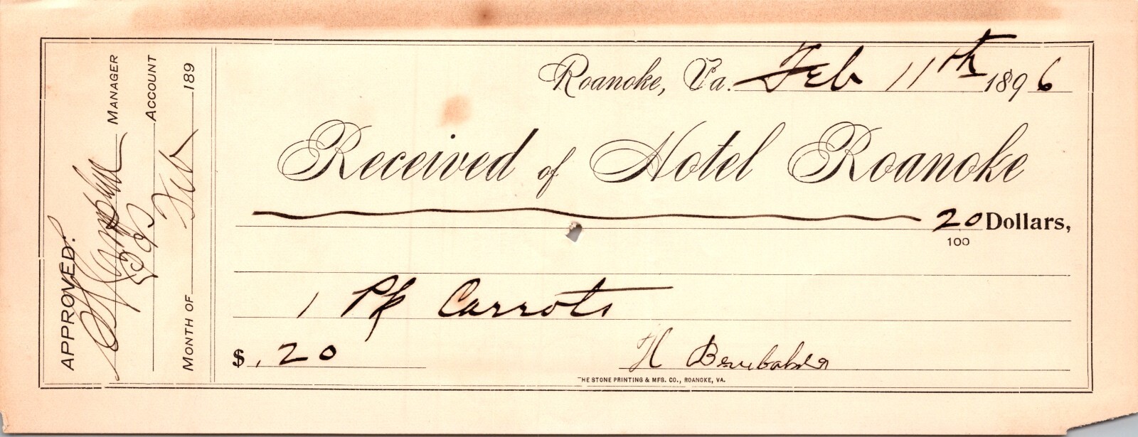 1896 Signed  Roanoke VA Hotel Carrots H Brumbaker Virginia Receipt Room Check