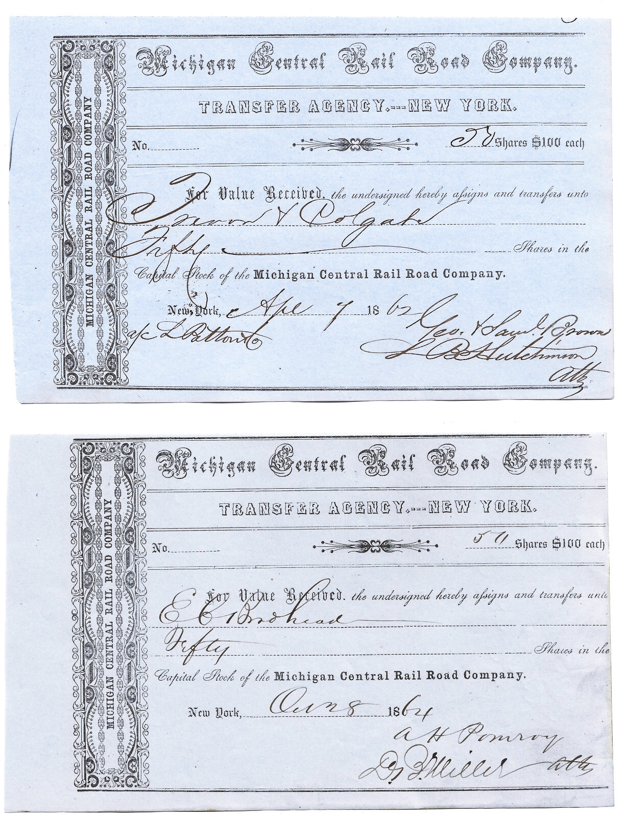CIVIL WAR 1862 & 1864 Michigan Central RR Set of 2 Certificates