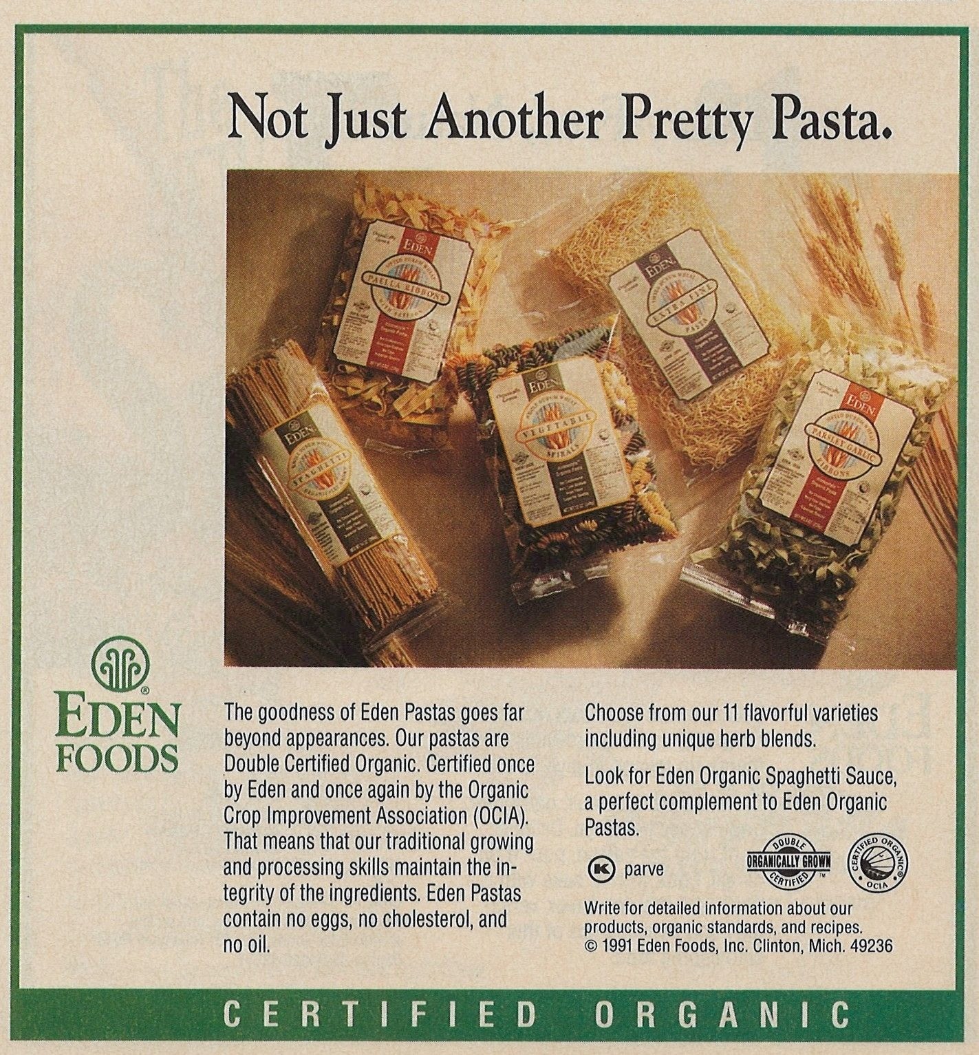 Eden Foods Vintage Print Ad 1991 Certified Organic Pasta Clinton MI Original u