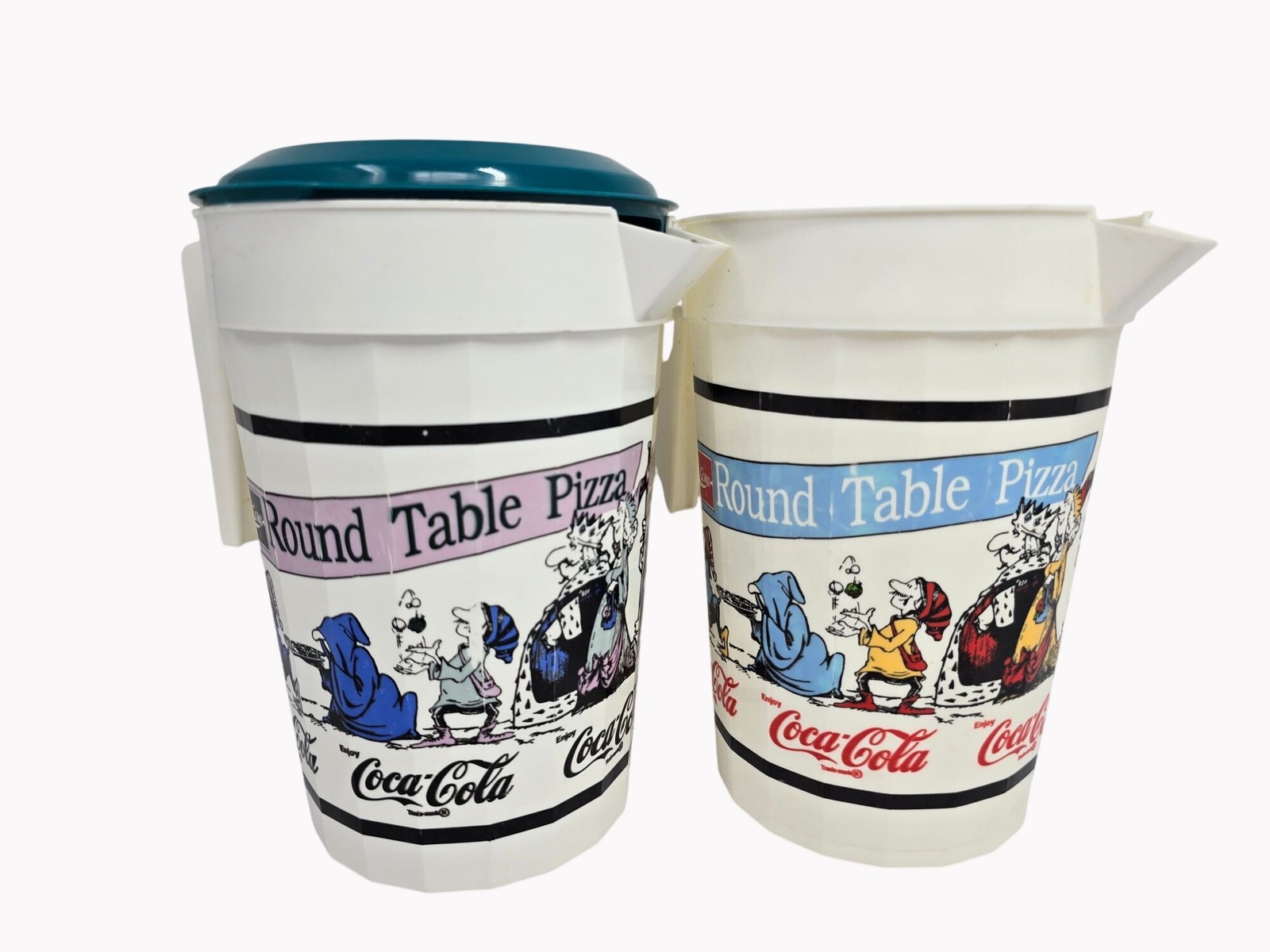 Vintage Round Table Pizza Coca-Cola Plastic Pitchers Medieval Graphics Set of 2