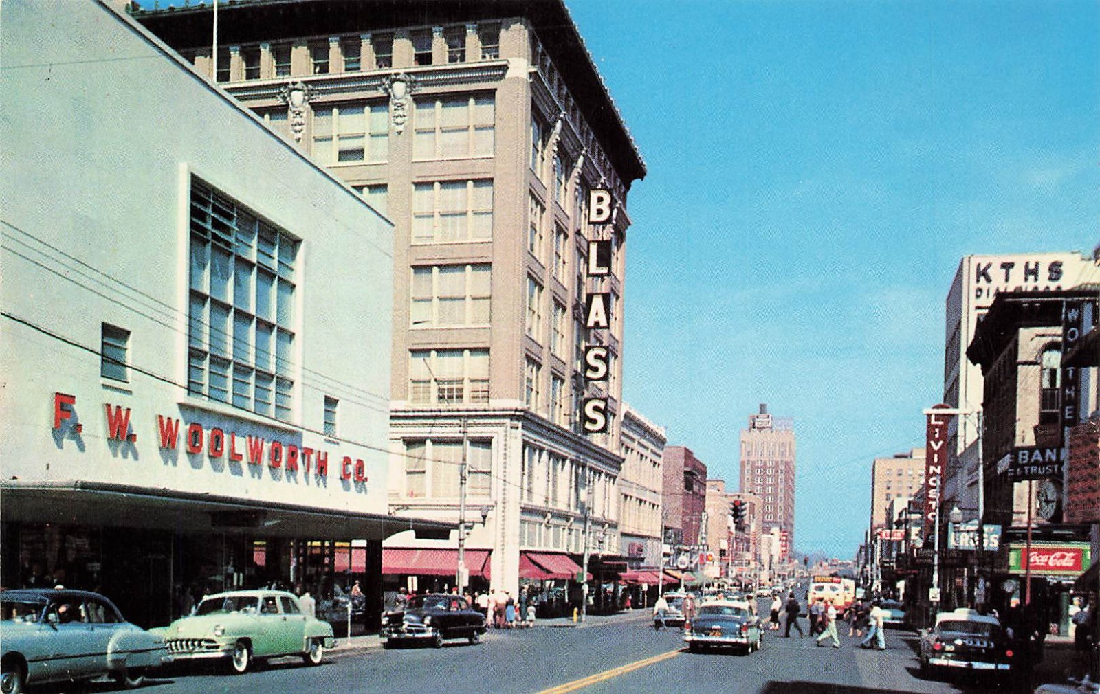 Vintage Downtown Street Scene Woolworth Blass Storefront Classic Cars Postcard Vintage Downtown Street Scene Woolworth Blass Storefront Classic Cars Postcard