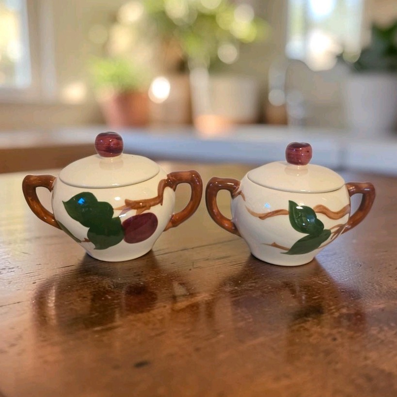 2 Vtg Franciscan Ware Hand Painted Apple Double Handled Covered Sugar Bowls USA