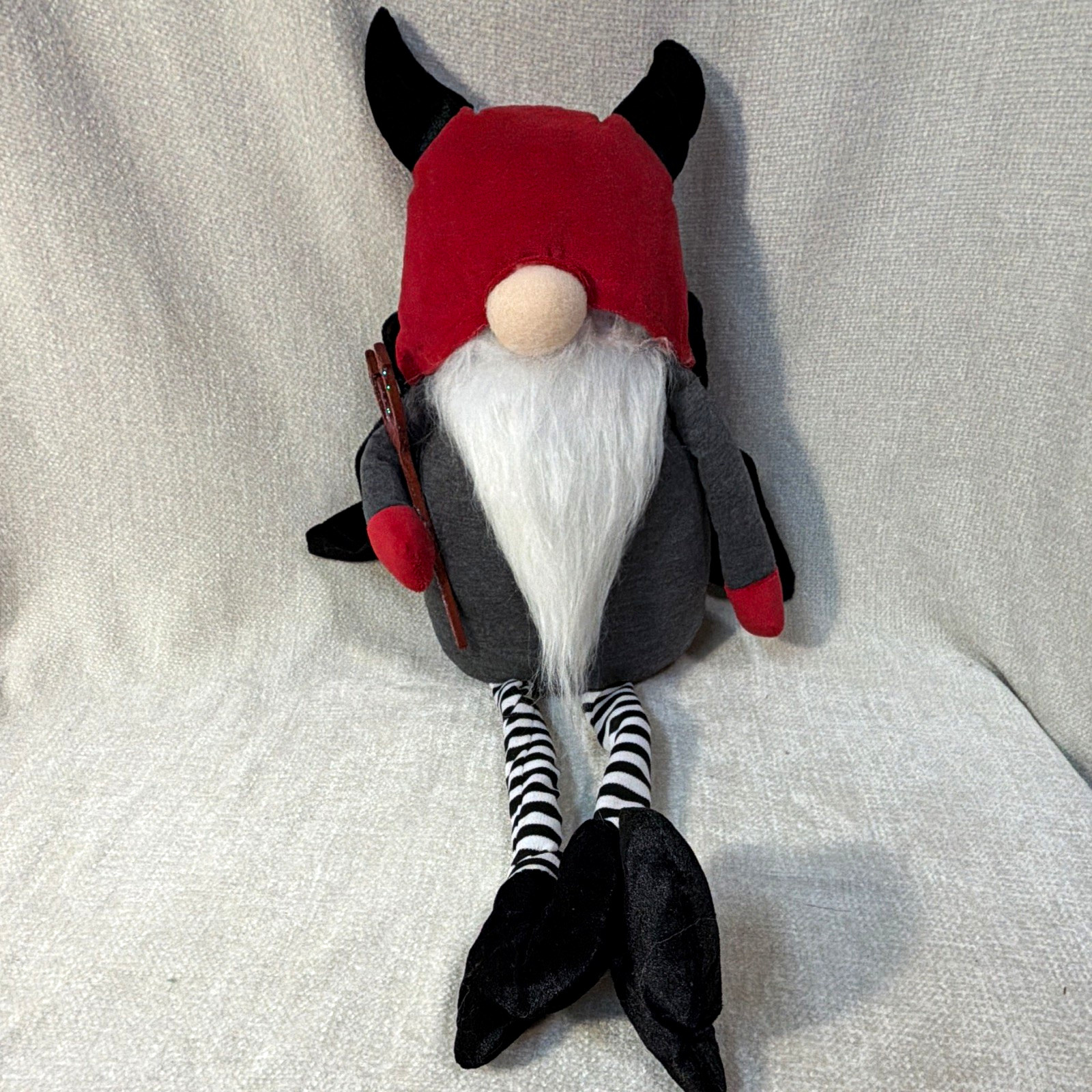 Plush Fantasy Gnome Doll, Red Hat, Black Horns, White Beard, Cape, 23”long Plush Fantasy Gnome Doll, Red Hat, Black Horns, White Beard, Cape, 23”long