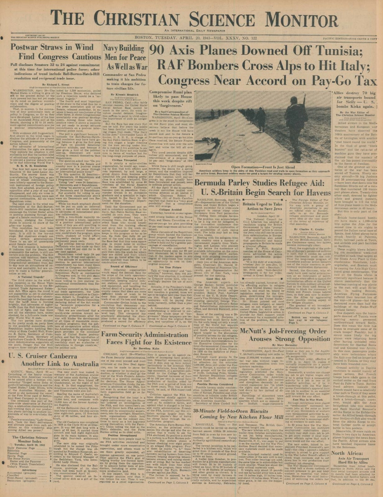 April 20, 1943 WWII Original Int. Newspaper RAF BOMBERS ITALY TUNISIA USA KISKA