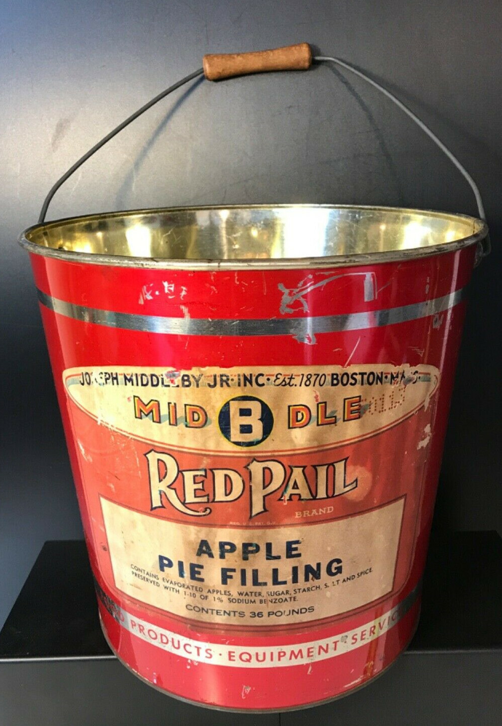 HUGE Metal Vintage Middleby Jr. 36 LB.Red Pail Brand Boston Mass. w/ WOOD HANDLE