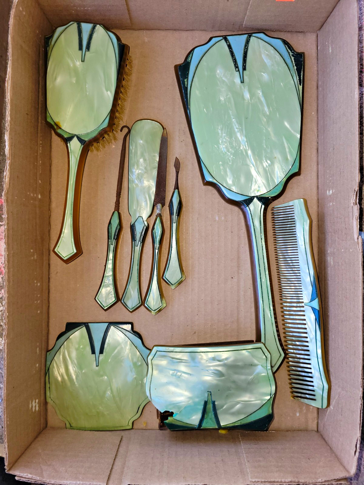 ​Vtg 1920s-1930s Art Deco Green Celluloid Dressing Table Vanity Lot