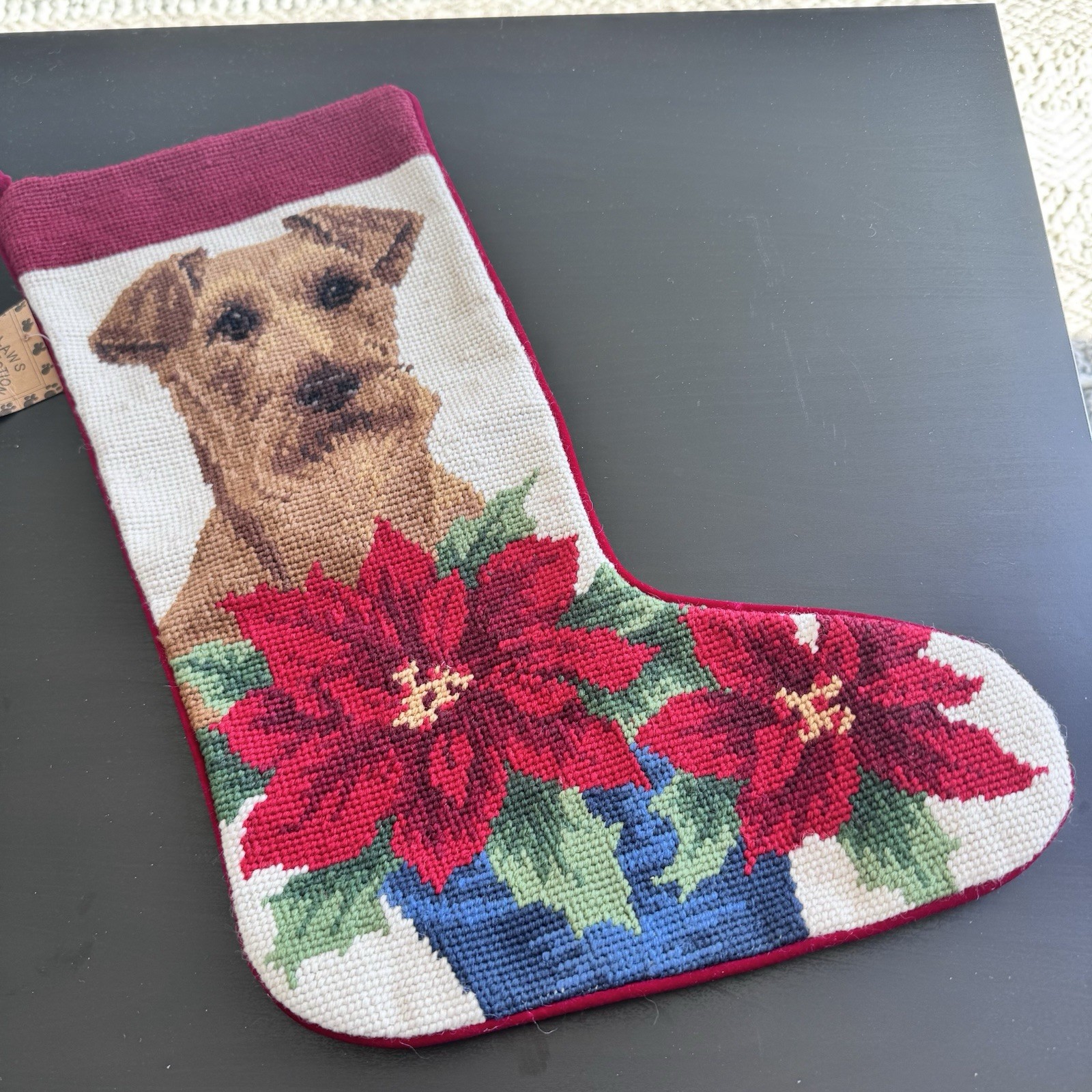 VTG Handcrafted Wool Needlepoint Christmas Stocking Irish Terrier NWT