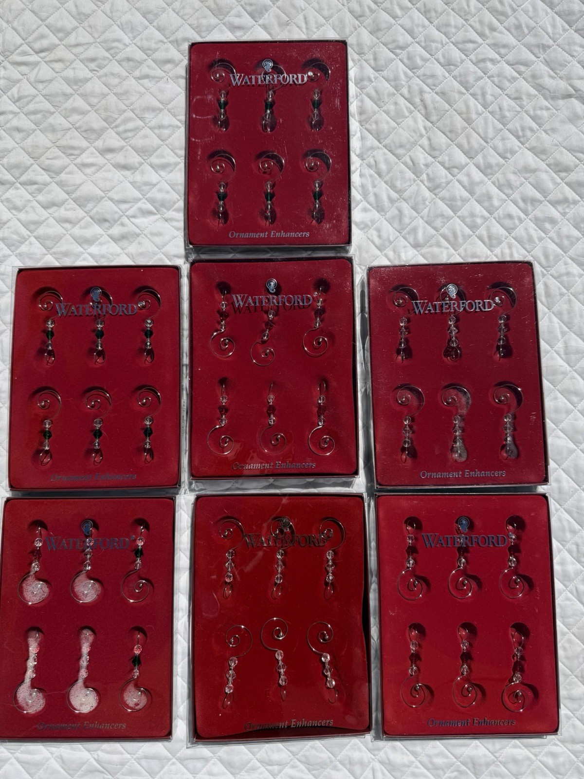 Set Lot 7 Boxes Waterford Crystal Christmas Ornament Enhancers 6 Pieces Per Box