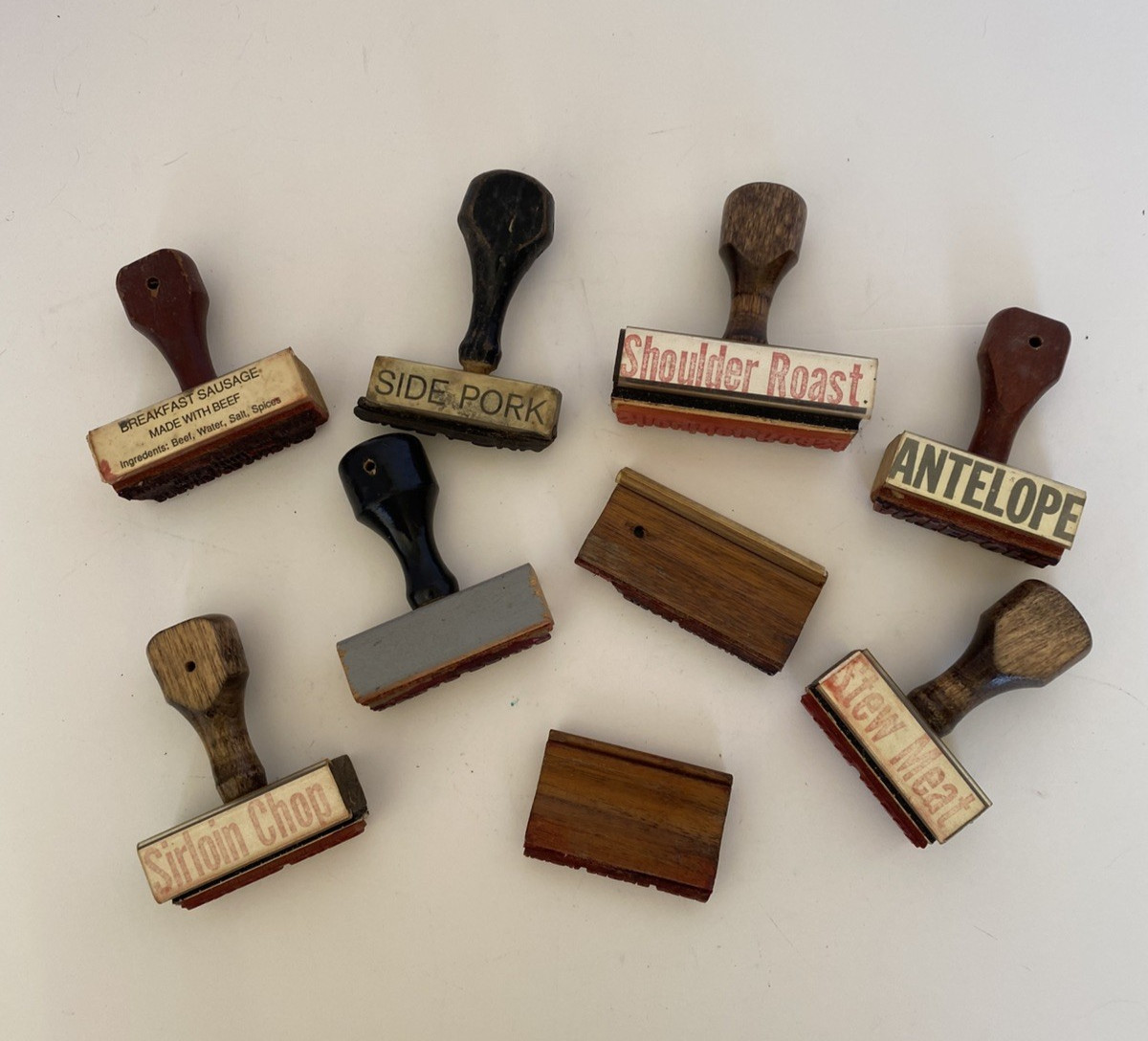 Lot 9 Vintage Wood Handle Rubber Ink Butchers' Stamps Sirloin Chop Stew Meat