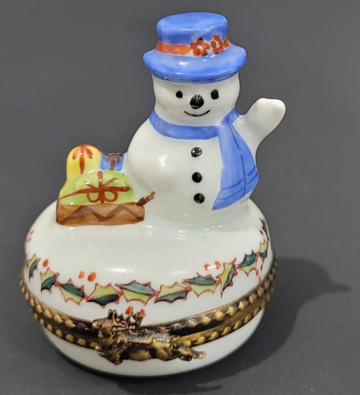 Vintage Limoges Snowman Presents Trinket Box Porcelain Peint Main Made In France