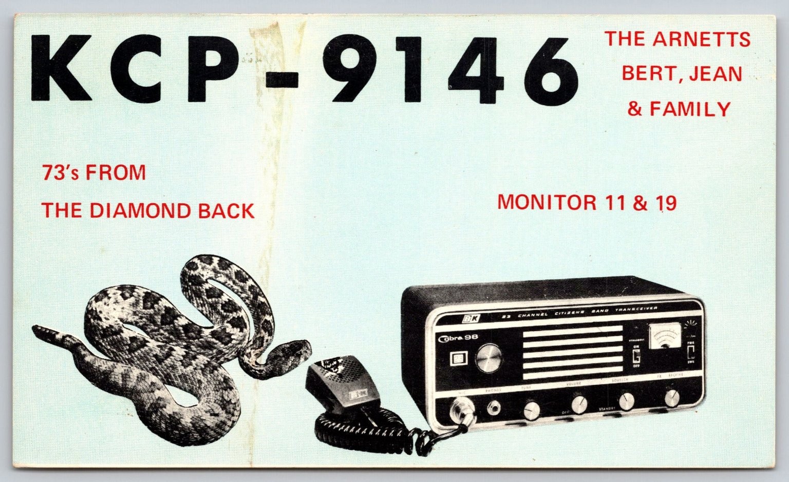 Vintage KCP-9146 CB Radio QSL Postcard Cobra 98 Rattlesnake Arnetts 73's B52 Vintage KCP-9146 CB Radio QSL Postcard Cobra 98 Rattlesnake Arnetts 73's B52