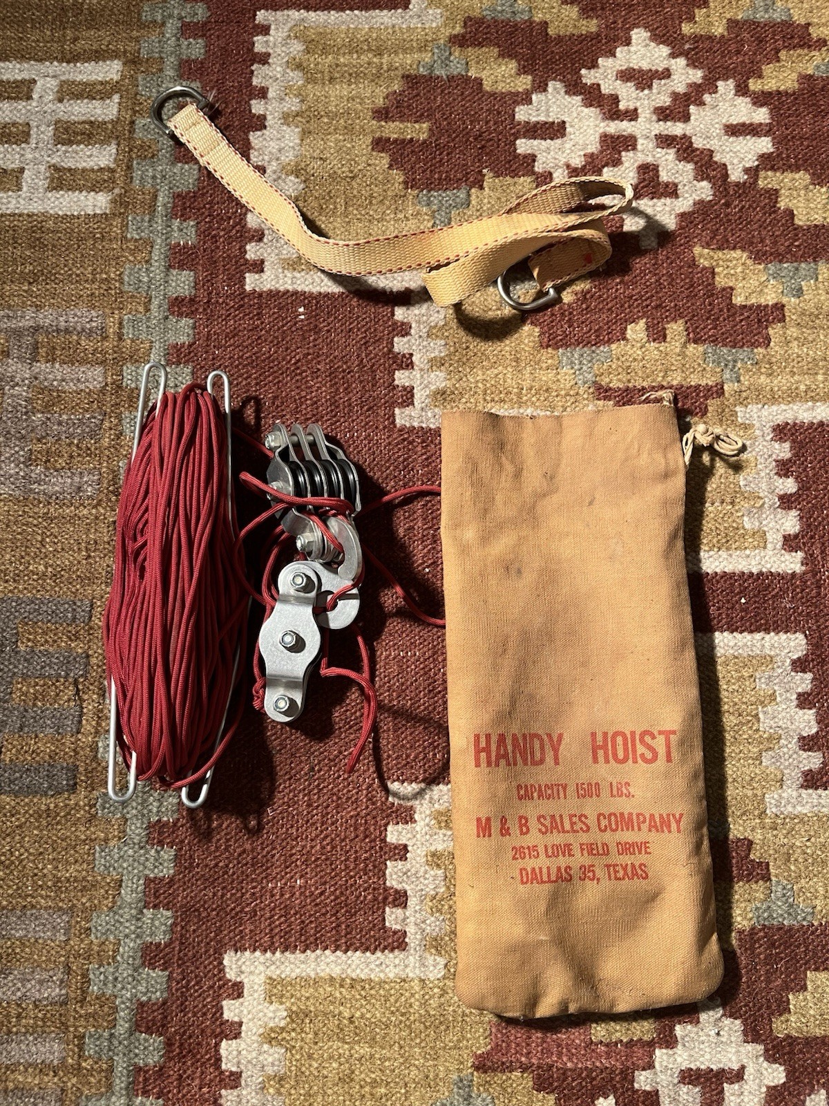 Vintage Handy Hoist 1500 lbs Block & Tackle Pulley M&B Sales Co Dallas TX W/Bag