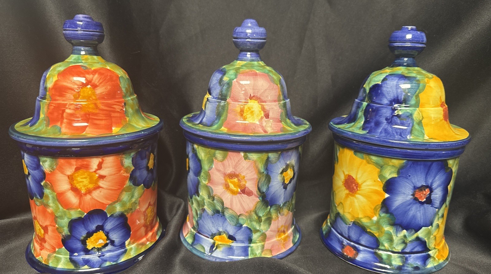 Vtg Hand Painted Ceramic Canister Set 3 Spanish Mexican Italy Floral Majolica