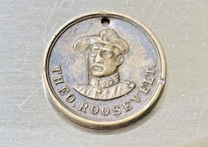 Vintage Theodore Roosevelt Rough Rider Brass Campaign Token Medal Eagle Shield 