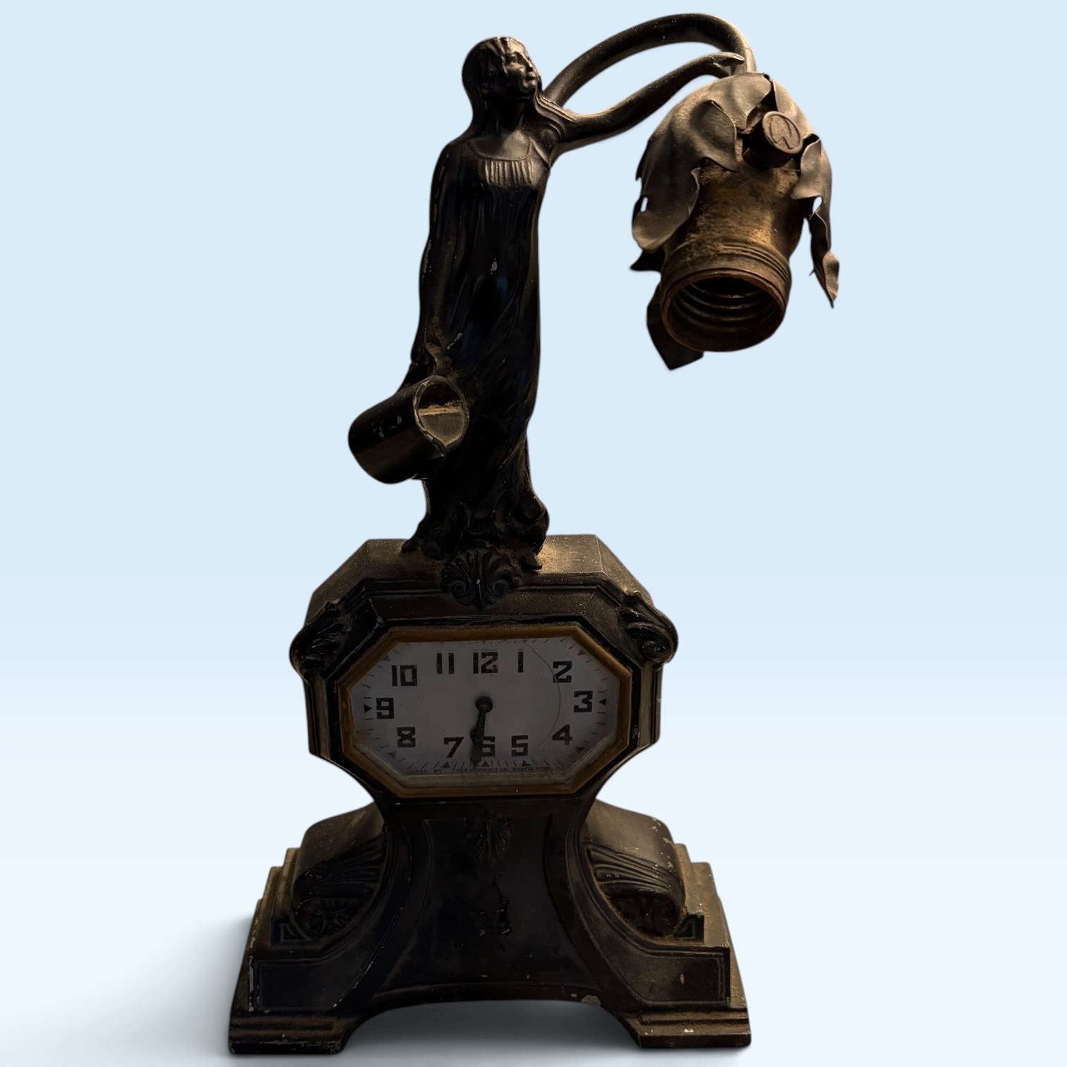 Antique Schadow Art Nouveau Art Deco Figural Cast Heavy Metal Mantel Clock Lamp
