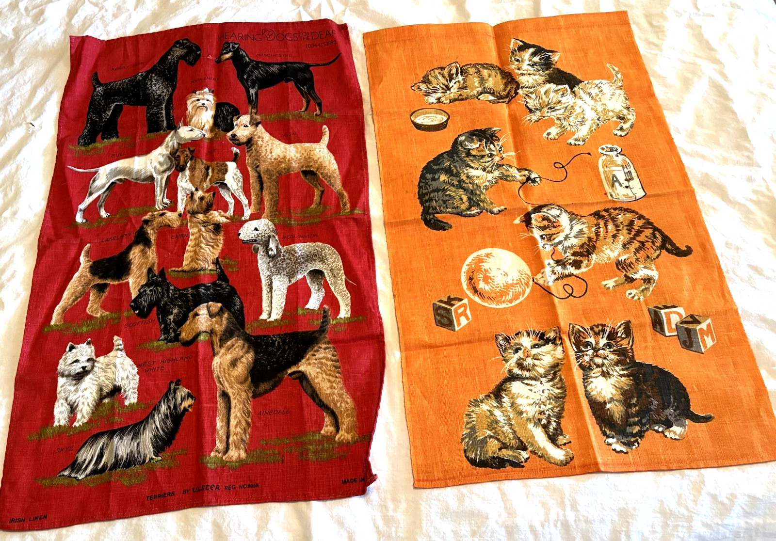 Vintage - 2pc Irish Linen Tea Towels - Kittens Playing & Terrier Dogs - Unused